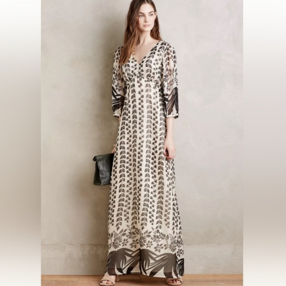 Anthropologie Maeve Nami Silk Blend Leaf Print Nuteral Tone Maxi Dress